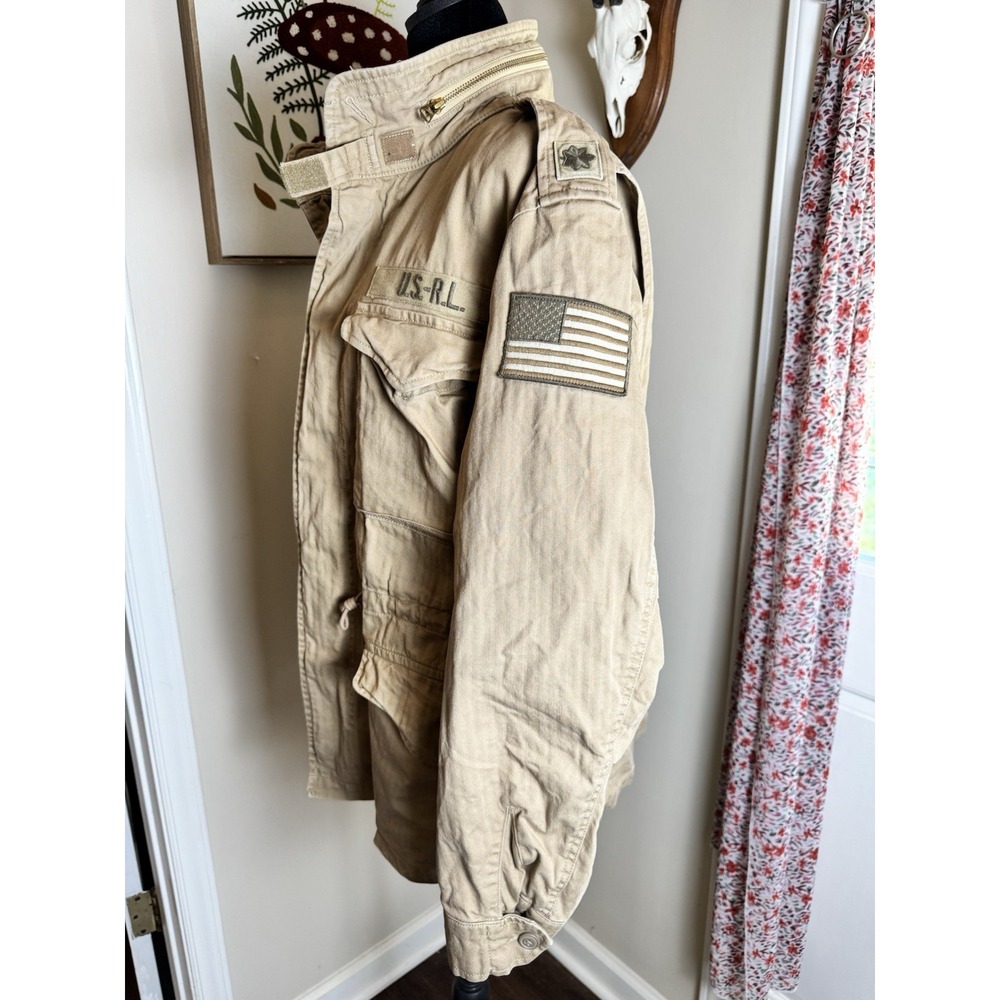 Polo Ralph Lauren Military Field Jacket Tan Khaki Herringbone Twill Patches L - Picture 2 of 16
